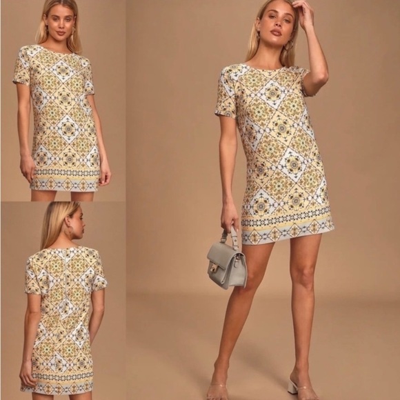 Lulus Dandy Lion Mini Dress S Shift Yellow Print Tile Vacation Party Summer Trip - Picture 4 of 16